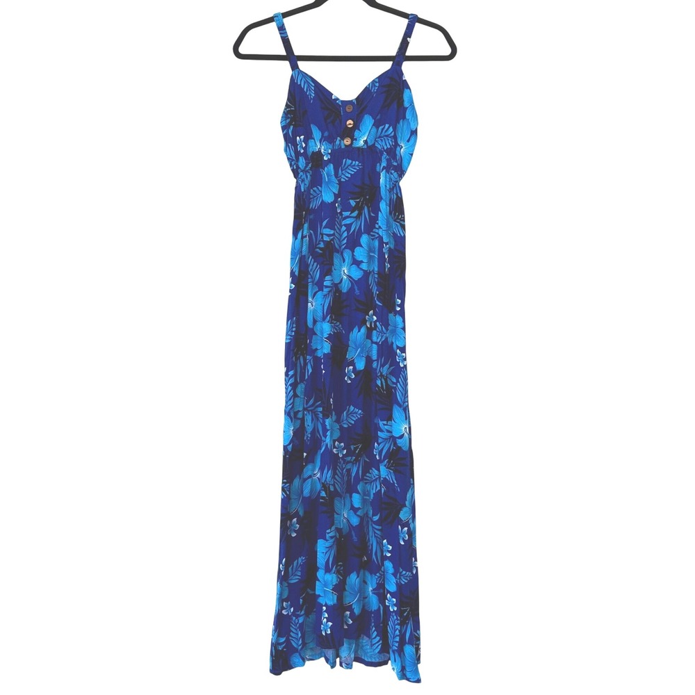 Hawaiian Aloha Fashion Maxi Dress Floral Print One Size Blue Tropical Beach Boho